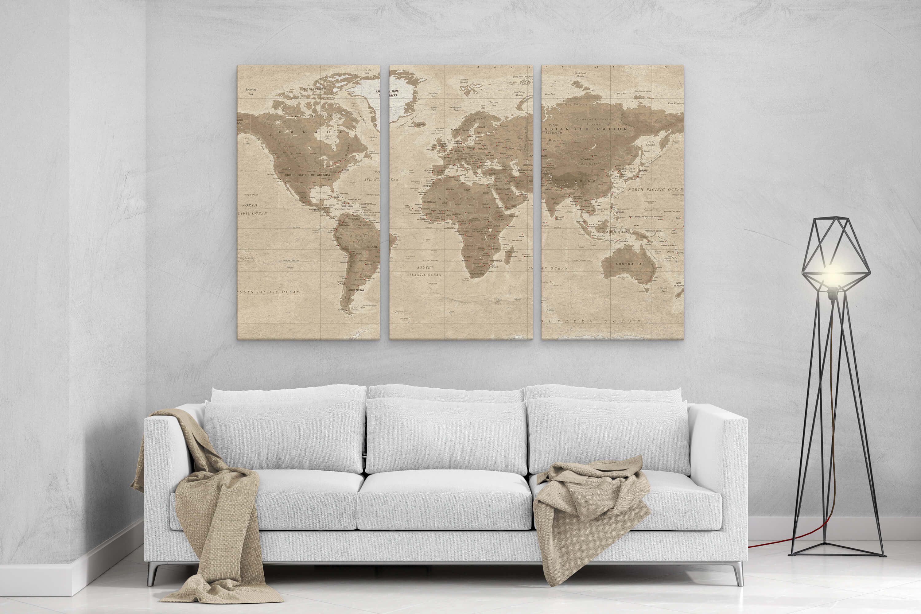 Brown Detailed World Map 3 Panel Canvas Set