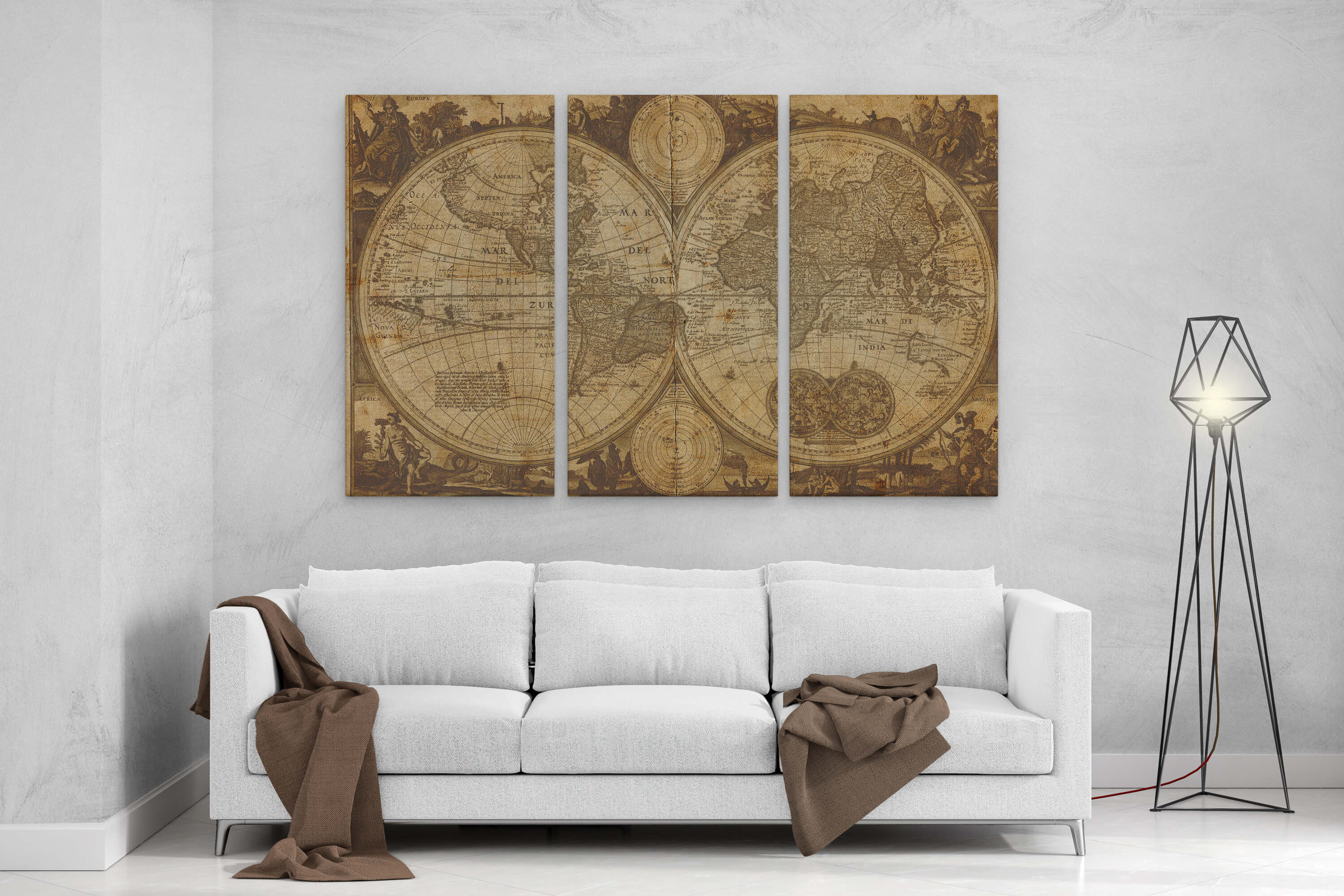 Vintage World Map 3 Panel Canvas Set