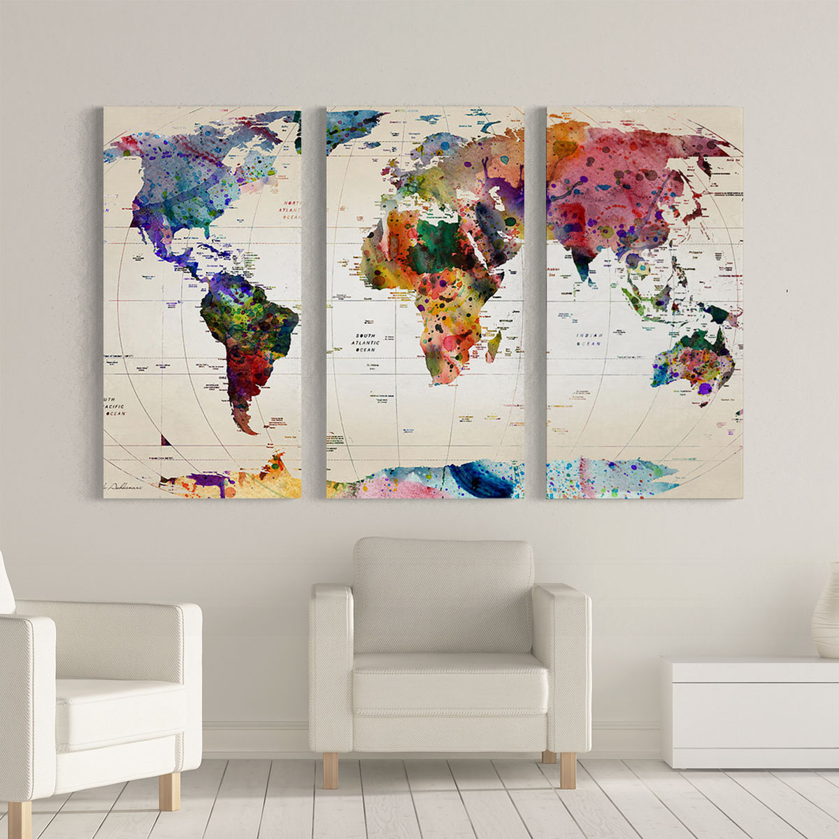 Watercolor World Map 3 Panel Canvas Set